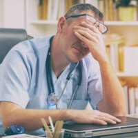 This doctor is likely experiencing stress. Doctors—and other professionals—may need help learning how to avoid burnout at work.